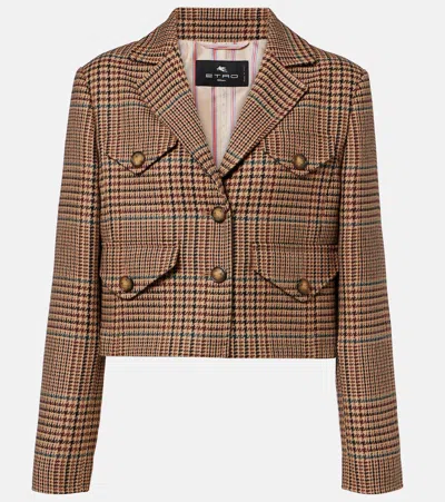 Etro Houndstooth Cropped Wool Blazer In Brown