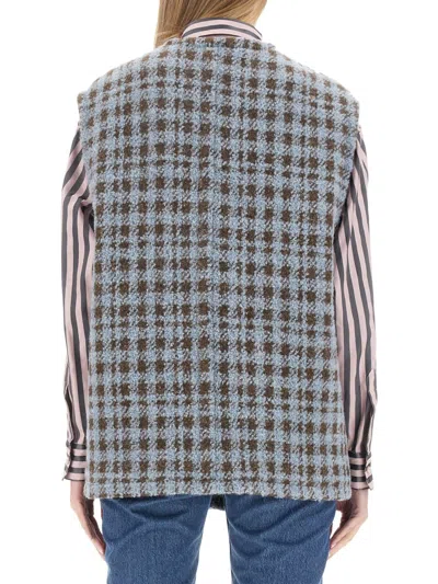 Etro Oversized Houndstooth Waistcoat With Embroidery In Light Blue