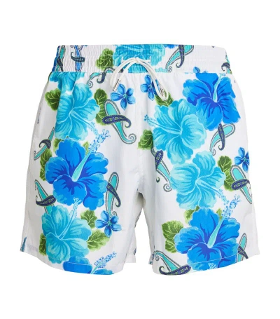 Etro Floral Print Taffeta Beach Shorts In White/blue