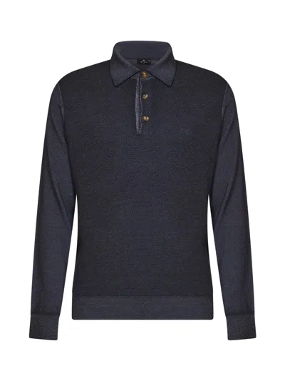 Etro Indigo Two-tone Wool Knit Logo-embroidered Polo Shirt In Blue