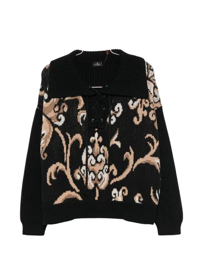 Etro Intarsia-knit Lace-up Sweater In Black