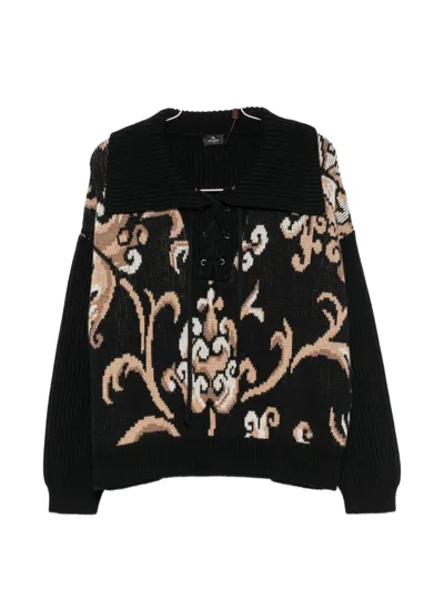 Etro Intarsia-knit Lace-up Sweater In Black