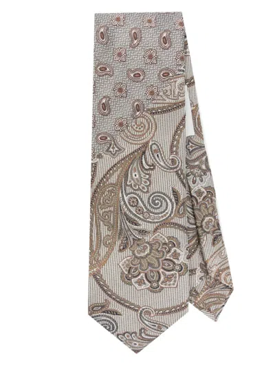 Etro Intricate Patchwork Silk Tie With Paisley In Gray