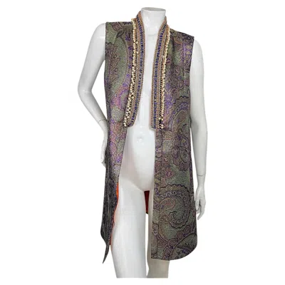 Pre-owned Etro Italian Metallic Paisley Jacquard Pearl Embellished Longline Vest, It 42 In Gray