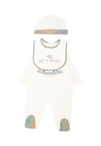 Etro Ivory Babygrow Set For Babykids With Pegasus In White