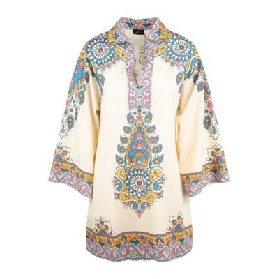 Etro Ivory Cotton Kaftan Dress With Multicolored Paisley Pattern