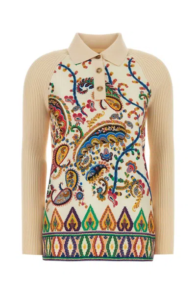 Etro Long-sleeved Knit Cotton Polo Shirt With Silk Insert In Neutral