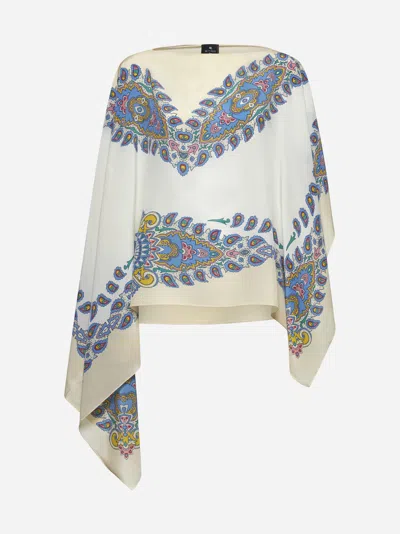 Etro Ivory Paisley Print Crêpe De Chine Poncho In Neutral