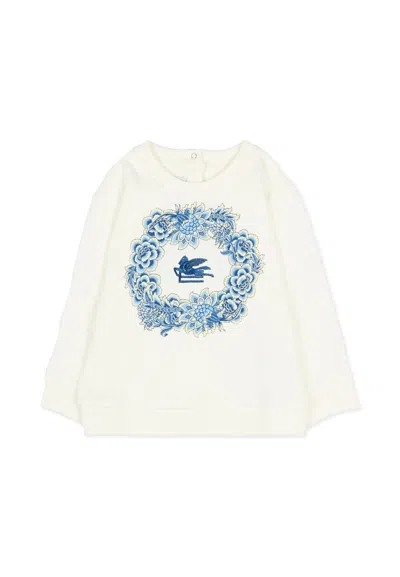 Etro Ivory Sweatshirt With Blue Logo And Flowers For Baby Girl In White