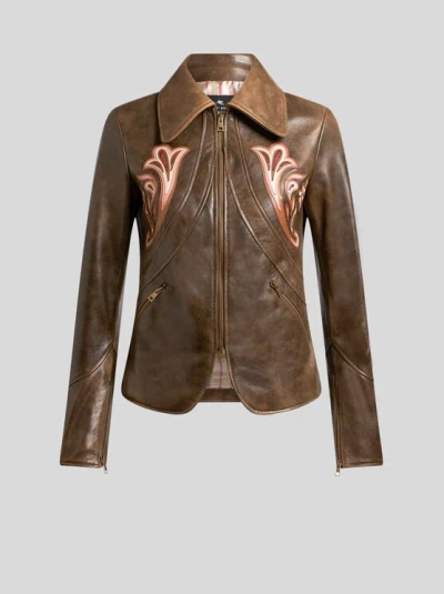 Etro , Leather Jacket With Inlays, Woman, Brown, Size 44 In Braun