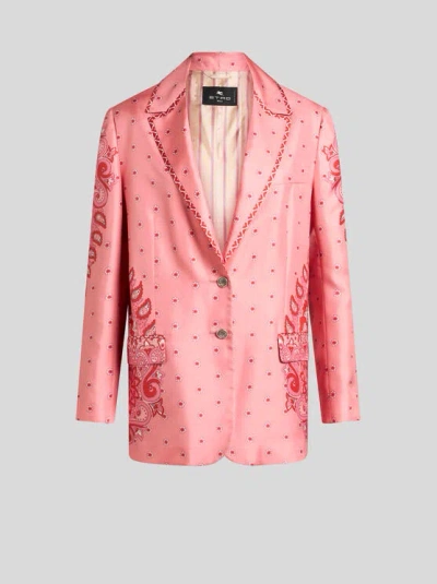 Etro , Silk Twill Jacket With Pegaso Buttons, Woman, Pink, Size 48 In Rosa