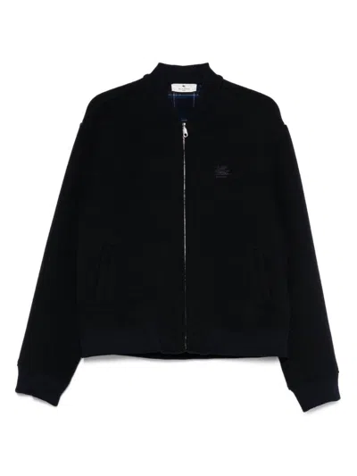 Etro Navy Blue Bomber Jacket With Embroidered Logo And Zip Fastening In Black