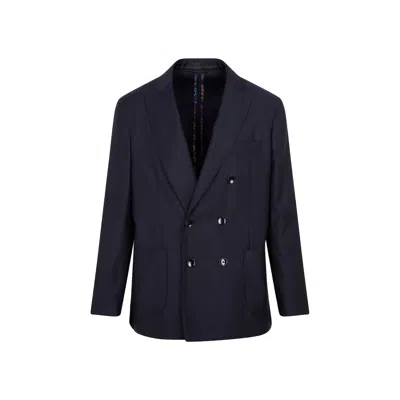 Etro Double-breasted Pinstripe Blazer In Wool In Blue