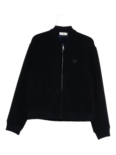 ETRO ETRO NAVY BLUE BOMBER JACKET WITH EMBROIDERED LOGO AND ZIP FASTENING