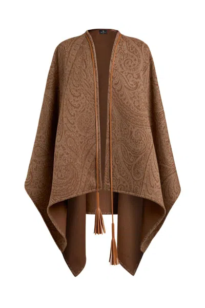 Etro Leather-trimmed Paisley-print Wool-blend Poncho In Brown