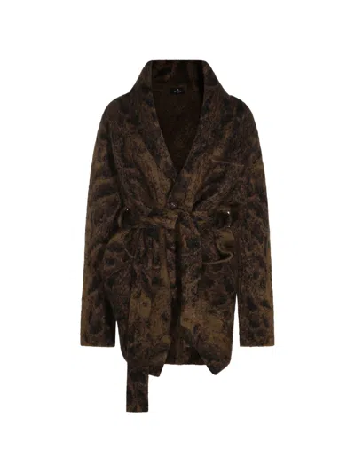 Etro Jacquard Animalier Mohair Cardigan In Brown