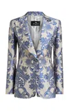 Etro Jacquard Silk Blend Blazer With Embroidery In Blue