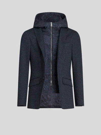 Etro , Jacquard Blazer With Hood, Man, Navy Blue, Size 62