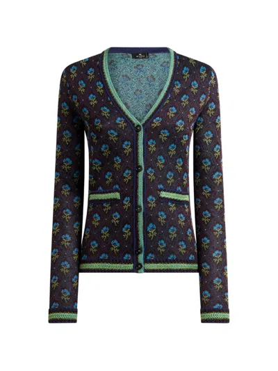 Etro Jacquard Cardigan With Diamond Flower-motif In Brown
