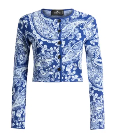 Etro Jacquard Cropped Cardigan With Floral Paisley Motif In Blue