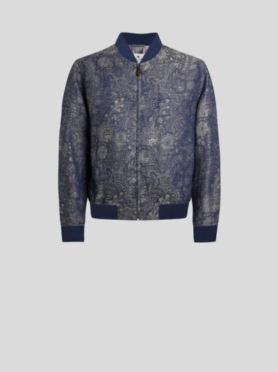 Etro , Jacquard Denim Bomber Jacket With Floral Paisley Motif, Man, Blue, Size L