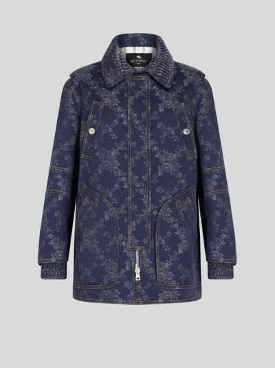 Etro Jacquard Denim Jacket In Navy Blue