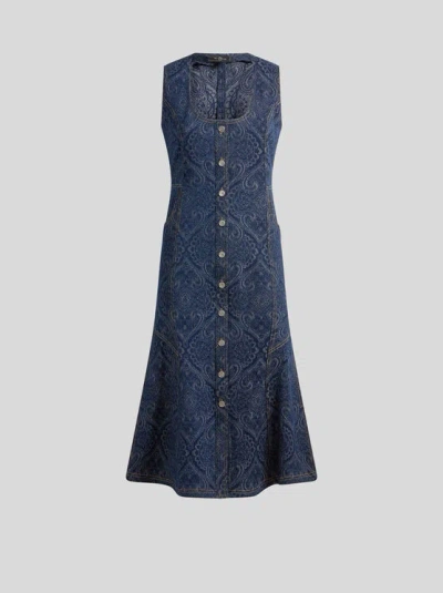 ETRO , JACQUARD DENIM MIDI DRESS, WOMAN, BLUE, SIZE 50