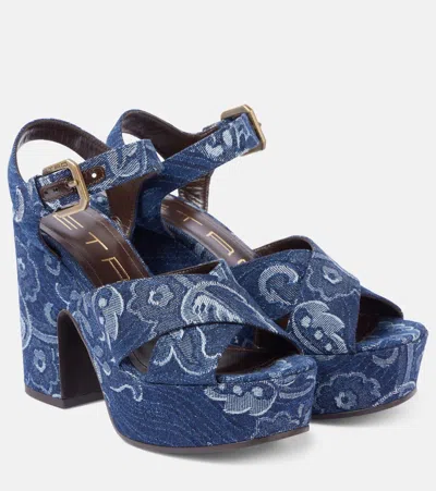 Etro Jacquard Denim Platform Sandals In Blue