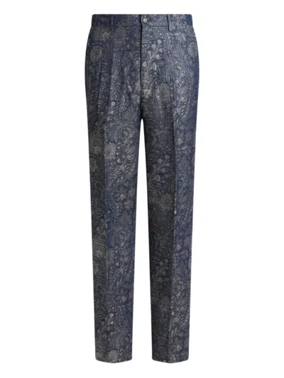 Etro Jacquard Floral Paisley-motif Trousers In Gray