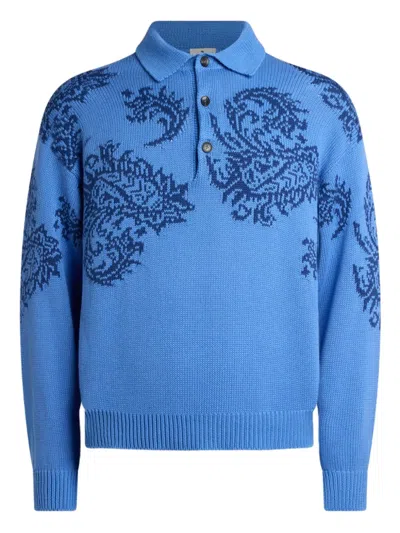 Etro Jacquard Inlays Polo Sweater In Blue