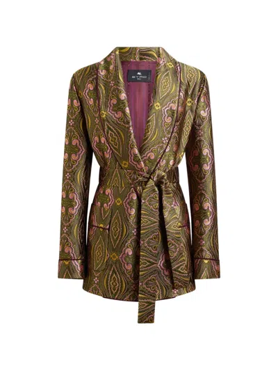 Etro Jacquard Jacket With Belt And Floral Medallion Motif In Brown