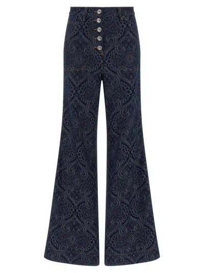 Etro Flared Jacquard Denim Jeans With Pegaso Buttons In Blue