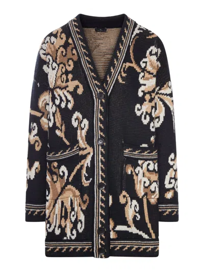 Etro Jacquard Knit Cardigan With Floral Pattern In Black