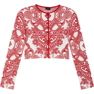 Etro Jacquard Knit Crop Cardigan In Bordeaux Chiaro