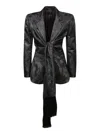Etro Jacquard Blazer With Belted Waist And Fringed Detail In Black