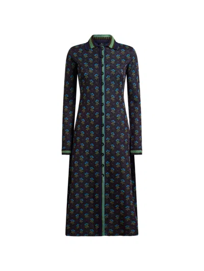 Etro Jacquard Midi Shirt Dress With Diamond Flower Motif In Blue