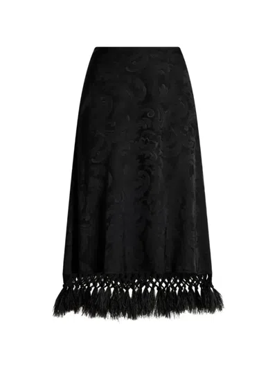 Etro Jacquard Midi Skirt With Ostrich Feathers And Paisley Motif In Black
