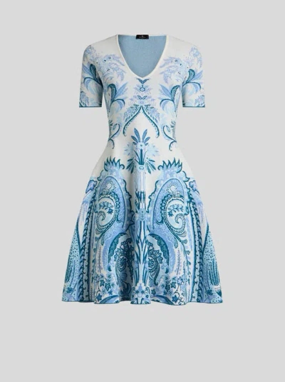 Etro Leafy Paisley Jacquard Short-sleeve A-line Dress In Blue