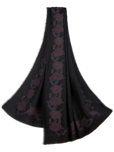 Etro Jacquard Paisley-print Fringed Scarf In Black