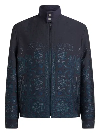 Etro Wool-blend Jacquard Jacket With Stand-up Collar In Blue