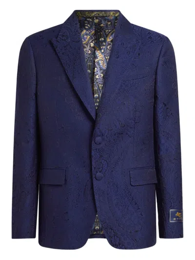 Etro Jacquard Paisley Single-breasted Jacket In Blue