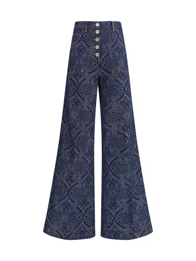Etro Flared Jacquard Denim Jeans With Pegaso Buttons In Blue