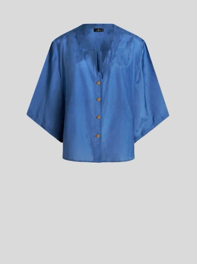 Etro Logo-jacquard Silk-cotton Shirt In Navy Blue