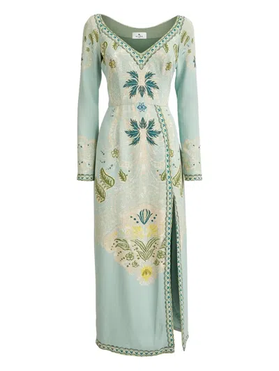 Etro Jacquard Side-split Dress In Green