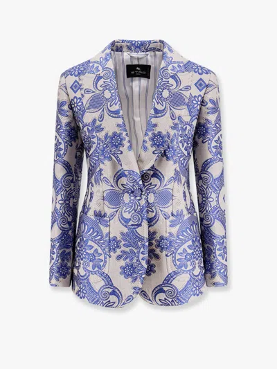Etro Jacquard Silk Blend Blazer With Embroidery In Multi