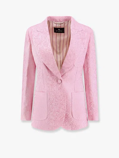 Etro Jacquard Silk Blend Blazer With Embroidery In Pink