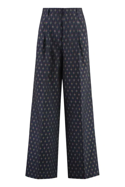 Etro Geometric-print Palazzo Trousers In Navy Blue