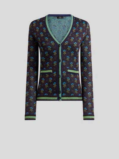 Etro , Jacquard-cardigan Mit Rauten- Und Blumenmotiv, Damen, Navyblau, Grösse 48