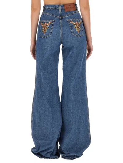 Etro Blue Flared Jeans With Multicolor Embroideries