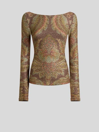 ETRO , JERSEY SWEATER WITH FLORAL MOTIF, WOMAN, BROWN, SIZE 48